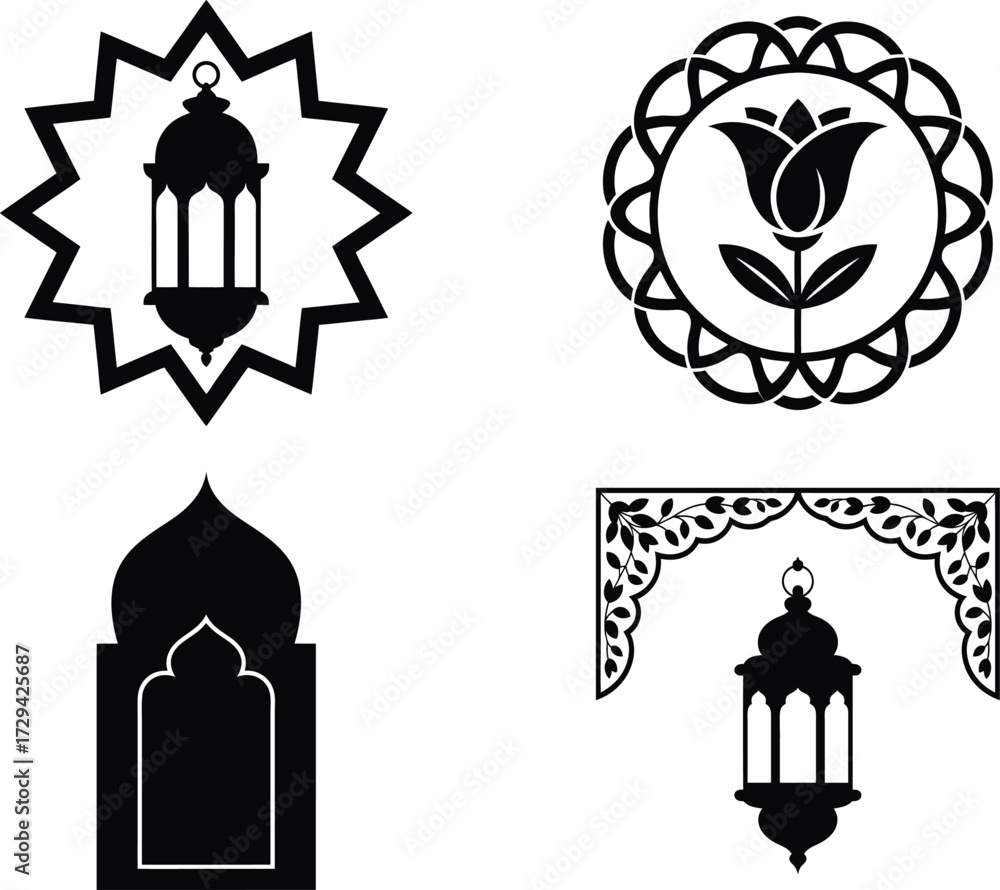 Fototapeta premium Collection of islamic decorative elements including lanterns floral motifs and architectural arches silhouette