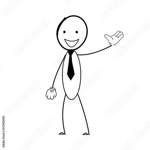 Minimalist Stickman Character. Stickman Business Character Waving Hand and Office Cartoon Illustration. Happy Stick Figure in Tie with a Smiling Line Man. Vector illustration for  graphic design. 