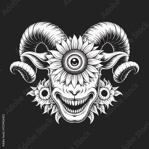 A black and white dark art illustration of a demonic ram's head with a sunflower face