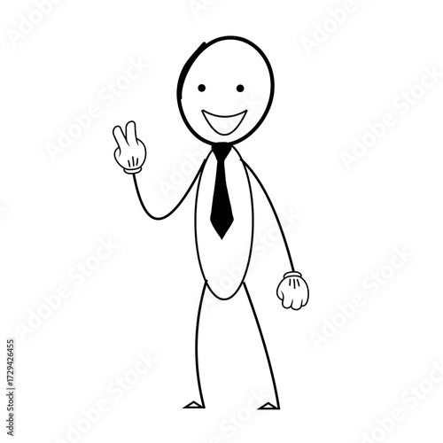 Stickman with peach symbol. Stick man drawings with a smiling face.  Stick figure, stickman peace sign with a tie.  stick man image with peace symbol. peace sign symbol and victory sign. hand sign