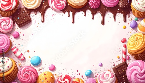 Playful border of colorful sweets and desserts: lollipops, candy canes, chocolate, and cupcakes with dripping glaze. White center copy space