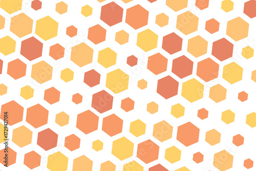 Hexagon pattern with honeycomb, cartoon bees. Vector illustration, geometric texture. Design template for invitation, card. Doodle style. Background with copy space.