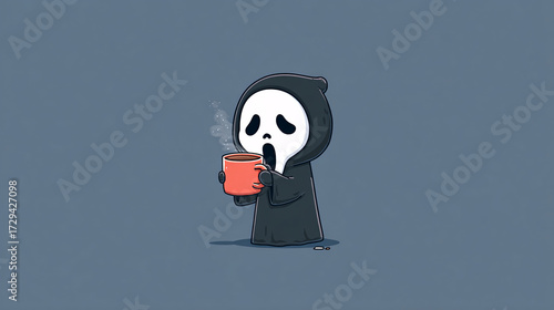 Adorable Chibi Ghostface Sipping Boba Tea Cute Kawaii Cartoon Art Fun Spooky Character Design Whimsical Illustration For Fans