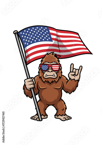 bigfoot american flag, patriotic bigfoot, usa bigfoot, america sasquatch, bigfoot cartoon, usa sunglasses, bigfoot with flag, rock hand bigfoot, funny bigfoot, american pride bigfoot, red white blue b