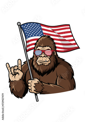 bigfoot american flag, patriotic bigfoot, usa bigfoot, america sasquatch, bigfoot cartoon, usa sunglasses, bigfoot with flag, rock hand bigfoot, funny bigfoot, american pride bigfoot, red white blue b