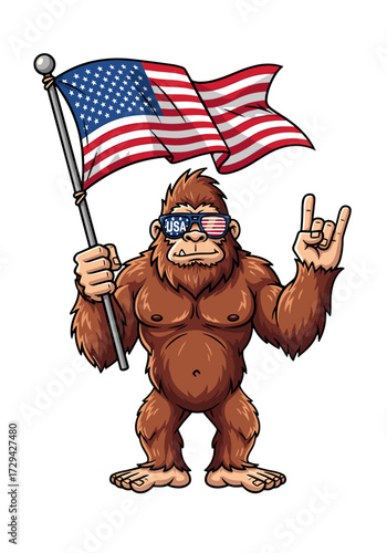 bigfoot american flag, patriotic bigfoot, usa bigfoot, america sasquatch, bigfoot cartoon, usa sunglasses, bigfoot with flag, rock hand bigfoot, funny bigfoot, american pride bigfoot, red white blue b