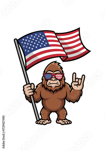 bigfoot american flag, patriotic bigfoot, usa bigfoot, america sasquatch, bigfoot cartoon, usa sunglasses, bigfoot with flag, rock hand bigfoot, funny bigfoot, american pride bigfoot, red white blue b