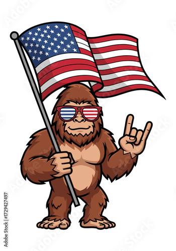 bigfoot american flag, patriotic bigfoot, usa bigfoot, america sasquatch, bigfoot cartoon, usa sunglasses, bigfoot with flag, rock hand bigfoot, funny bigfoot, american pride bigfoot, red white blue b