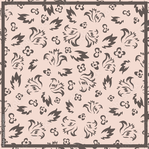 Print for kerchief, bandana, scarf, handkerchief, shawl, neck scarf. Squared pattern with ornament for fabric, textile, silk products. Paisley vector with abstract flowers. Floral folk tracery.