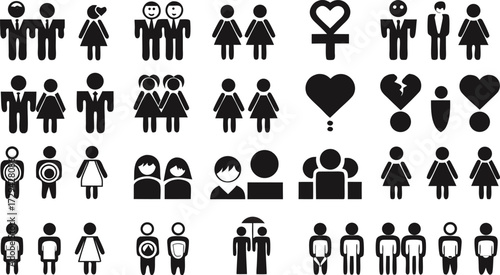 Explore Black and White Couple Icons with Love, Gender, and Relationship Symbols for Creative Designs