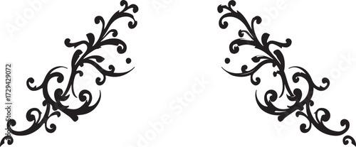 Abstract vector floral design elements featuring ornate black vintage flower and leaf silhouette scroll borders