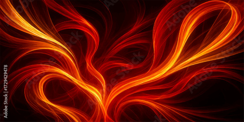 Glowing red fractal hearts on fiery abstract background