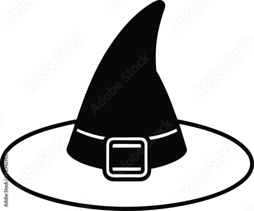 Black Witch Hat with Silver Buckle and Wide Brim