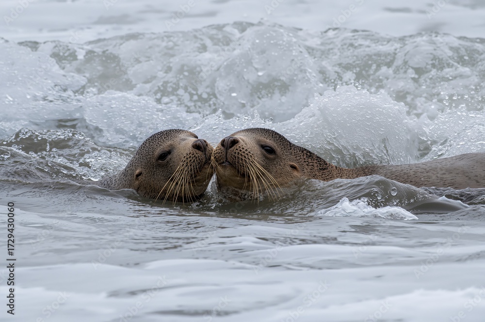 Fototapeta premium Cozy companionship and affectionate seals cuddling in ocean waves. Emotional connection of wild animals sharing a loving moment. Mating couple of seals in the water.