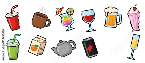 Pixel art vector illustration icon set of various drinks including soda, coffee, cocktail, beer, wine, and juice for retro 8-bit video game design assets svg.