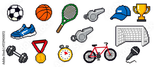 Pixel art sports icon set with diverse competition and fitness elements like medal, trophy, and balls. Retro 8-bit video game style vector illustration svg.