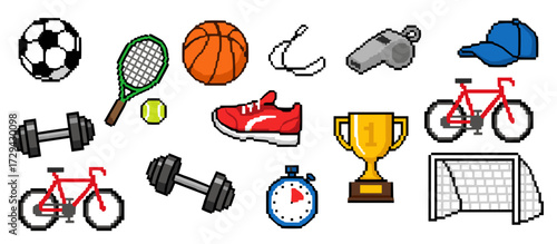 Pixel art sports and fitness equipment icon set vector illustration. Retro 8-bit graphic design elements for gaming and web, including various sport items.