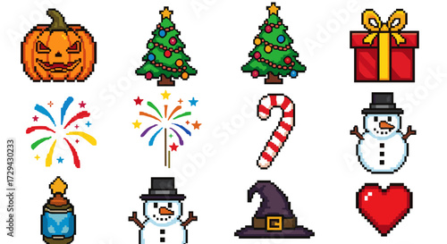 Pixel art holiday icon set with Christmas tree, Halloween pumpkin, and snowman in an 8-bit retro game style. SVG vector illustration for festive design.
