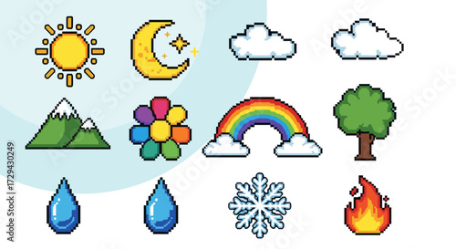 A collection of pixel art weather and nature icons in a retro 8-bit video game style. This vector illustration set is perfect for web design projects, svg.