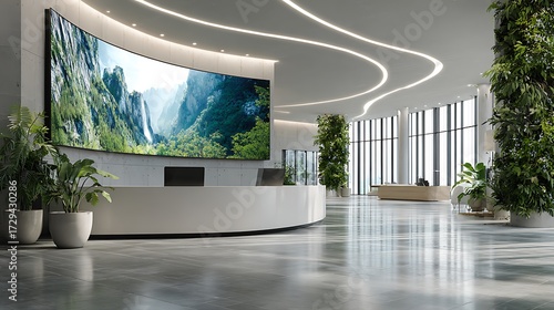 Modern office lobby design with curved led screen reception area and green wall interior design inspiration