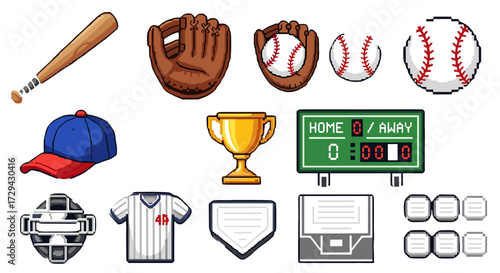 Collection of retro pixel art baseball equipment and game elements, including bat, ball, glove, cap, and scoreboard, ideal for sports design projects.