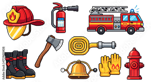Detailed pixel art vector illustration of essential firefighter equipment set, including helmet, truck, hose, axe, boots, and hydrant, presented as an SVG.