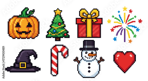Pixel art icons for holidays and celebrations. Diverse festive symbols for retro design, digital graphics, games. Vector illustration, svg.