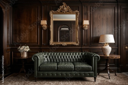 Sophisticated retro sitting room featuring rich wooden walls, a reflective glass, and an antique green leather couch from the mid-20th century.