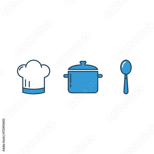 Chef's hat, cooking pot, and spoon set: essential culinary tools for food preparation in a kitchen or restaurant environment vector illustration