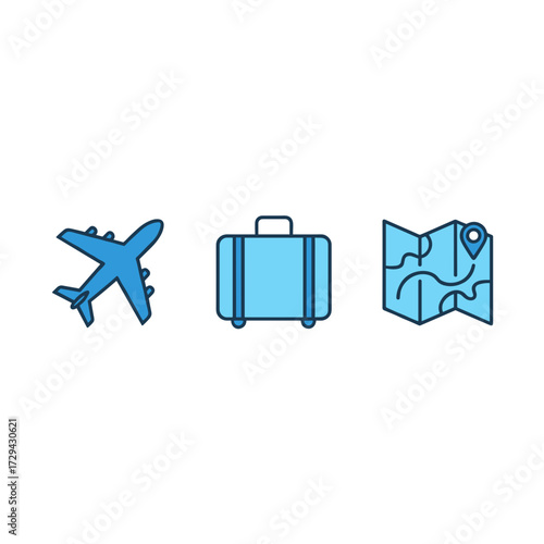 Travel icon set vector illustration with airplane, luggage, and map symbols for tourism concepts, vacation planning, and navigation app user interface.