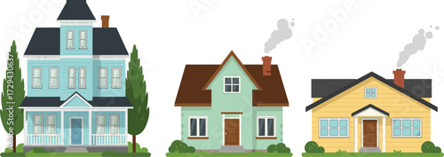 Cartoon suburban houses illustration, modern residential home exterior design, colorful real estate property, family neighborhood architecture, vector art