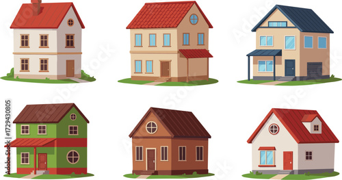 Cartoon residential houses set, modern home exterior illustration, colorful real estate property collection, suburban family architecture vector design