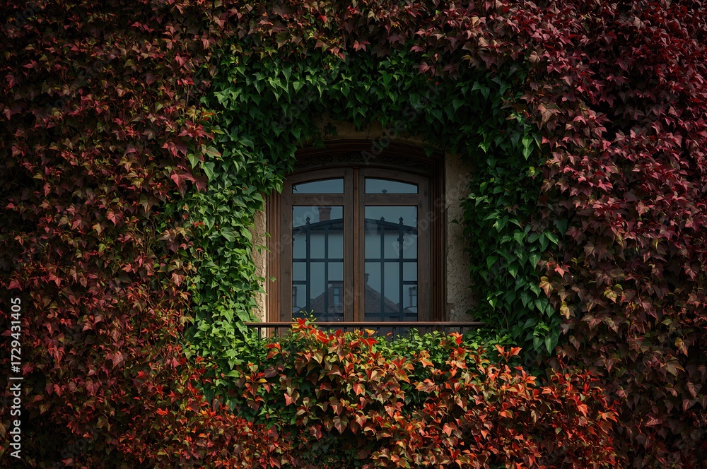 A snug balcony embraced by vibrant ivy leaves in shades of green, red, burgundy, and orange, encircling a solitary window for a delightful and private atmosphere ideal for thematic scenes.