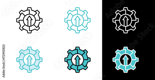 Gear cogwheel with upward arrow icon for system upgrade and growth in line and fill style