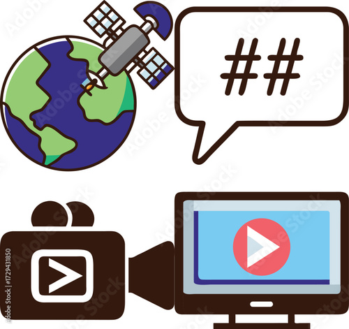 Illustrative elements: a satellite, a speech bubble with hashtags, a video camera, and a computer screen showing a play button, all interconnected.