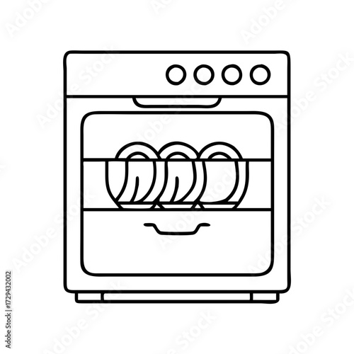 Vector art of line art illustration of a dishwasher with dishes inside