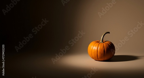 Small orange pumpkin sits illuminated by a spotlight on a beige surface, casting a shadow, creating a moody and dramatic fall aesthetic.