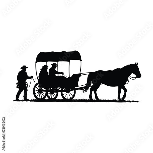 Western silhouette of horse drawn carriage with riders and driver