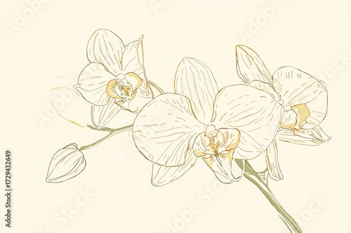 An exquisite vanilla orchid sketch highlighting graceful curves that emphasize the charm of its petals, leaves, and pods in a simple, refined style.