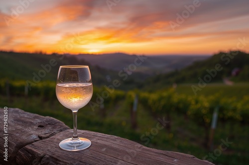 A cold glass of ice wine with a vineyard view at sunset in summer