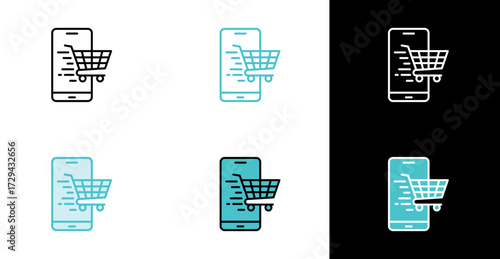 Mobile phone screen shopping cart icon for online purchasing and checkout in line and fill style