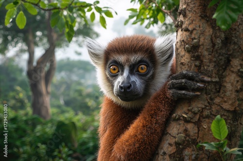 A detailed view of a brown lemur peering from behind a tree