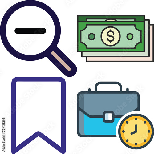 A business-related illustration with magnifying glass, money, bookmark, briefcase and clock.