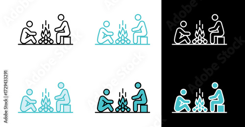 People around fire icon for camping and companionship in line and fill style