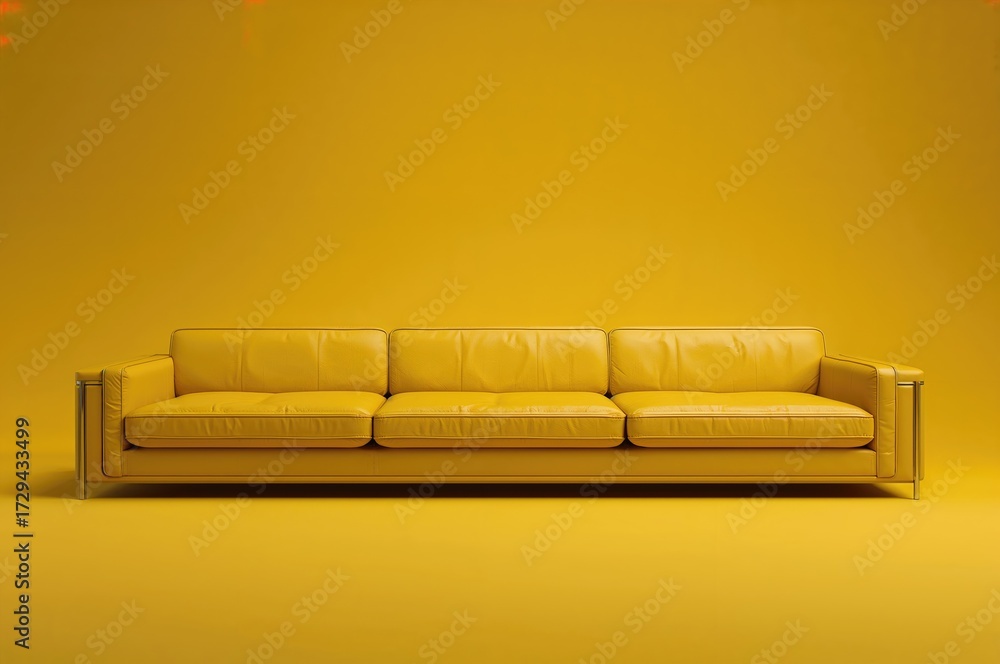 Fototapeta premium A very lengthy yellow leather sofa positioned before a yellow backdrop.