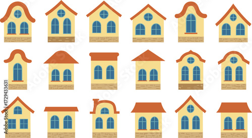 Collection of cartoon house facades with windows and roofs, vector home fronts, residential architecture design set