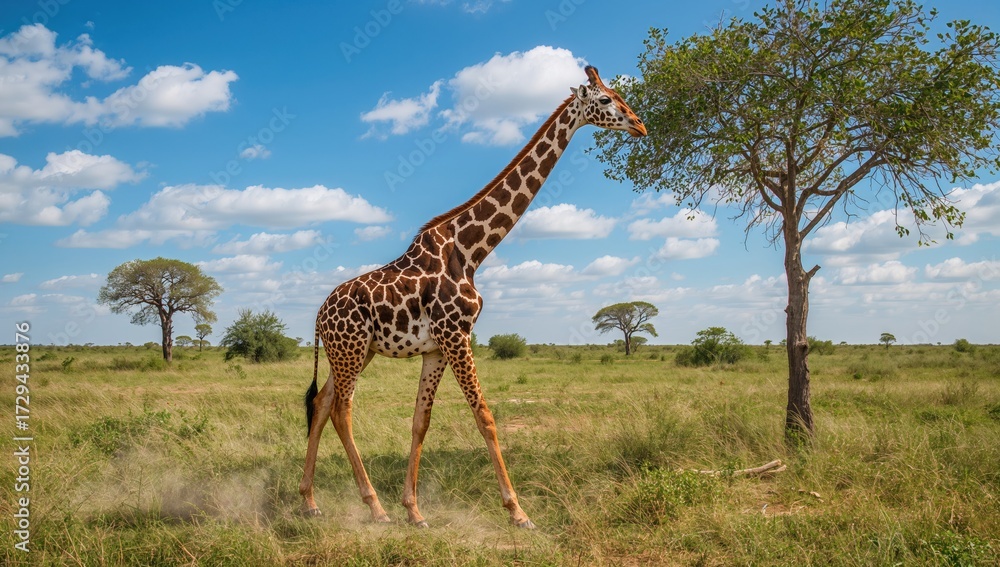 Obraz premium A tall giraffe adorned with striking markings strolls across a vast African grassland