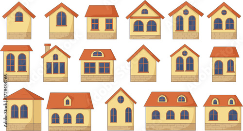 Cartoon house facades with windows and roofs, detailed vector home fronts, residential architecture illustration set for design