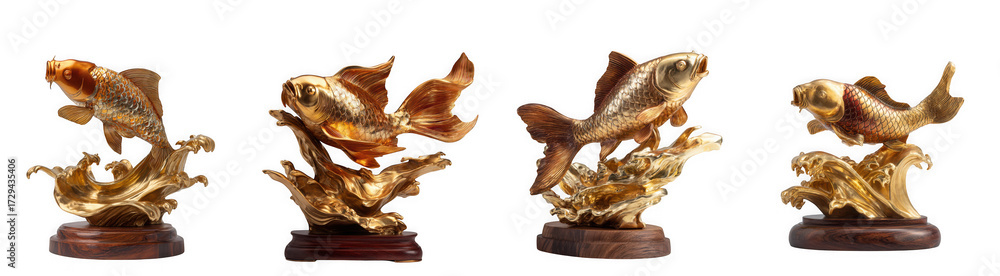 Fototapeta premium Four golden fish sculptures leaping from water, isolated on transparent background