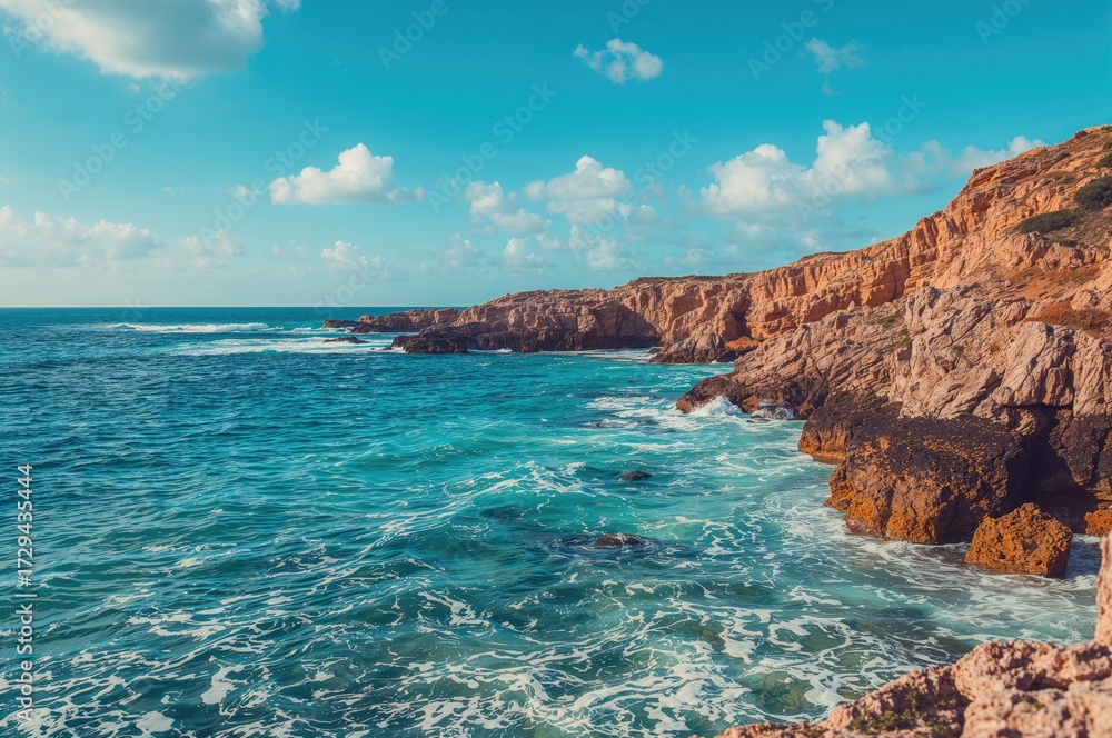 Obraz premium Vibrant ocean water and rocky shore background